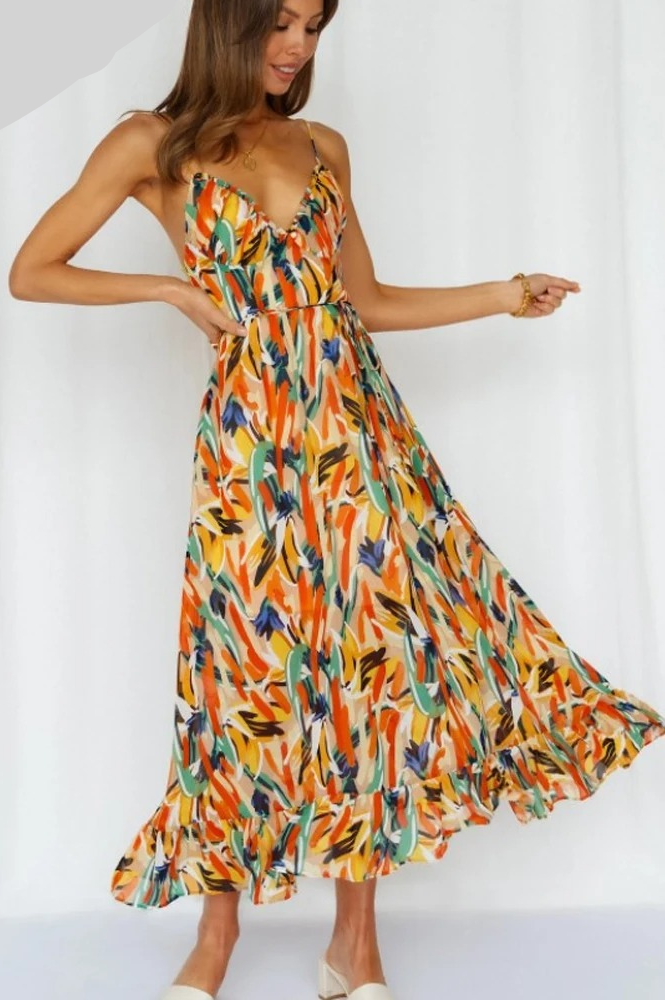 Women's Colorful Long V-Neck Dress | Elegant