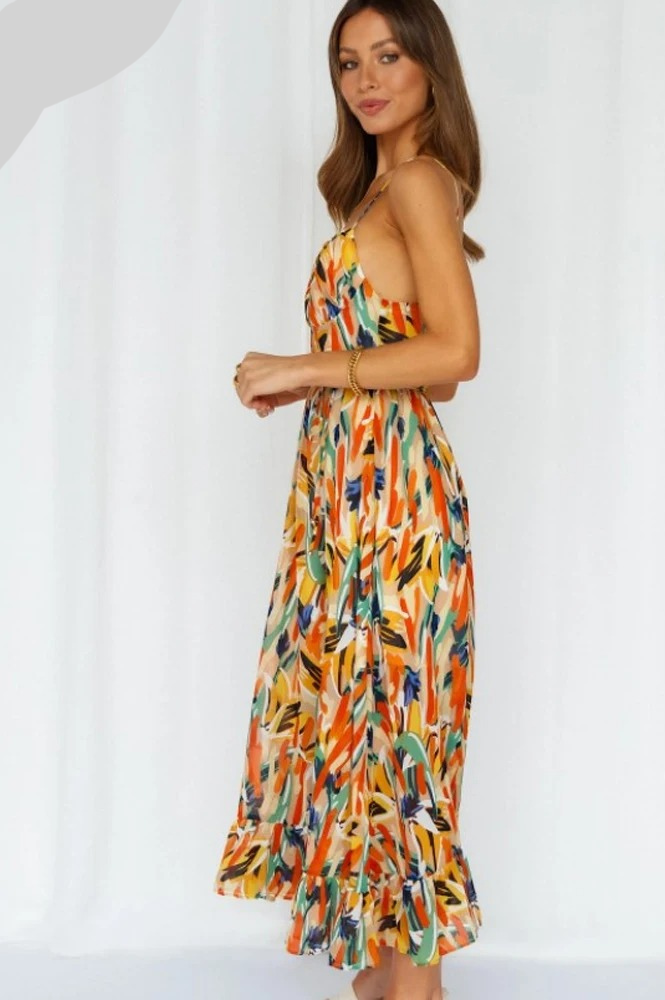 Women's Colorful Long V-Neck Dress | Elegant