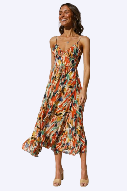 Women's Colorful Long V-Neck Dress | Elegant