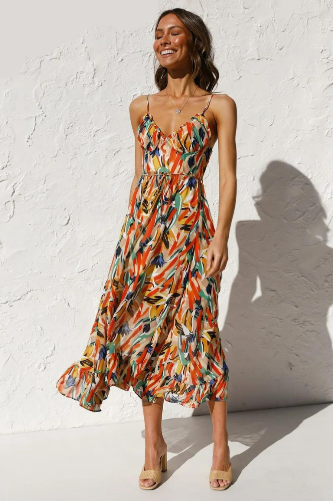 Women's Colorful Long V-Neck Dress | Elegant