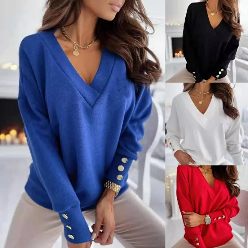 Women's Elegant Button V-neck Sweater | Relaxed