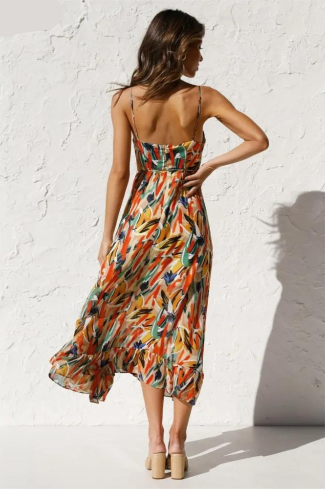 Women's Colorful Long V-Neck Dress | Elegant