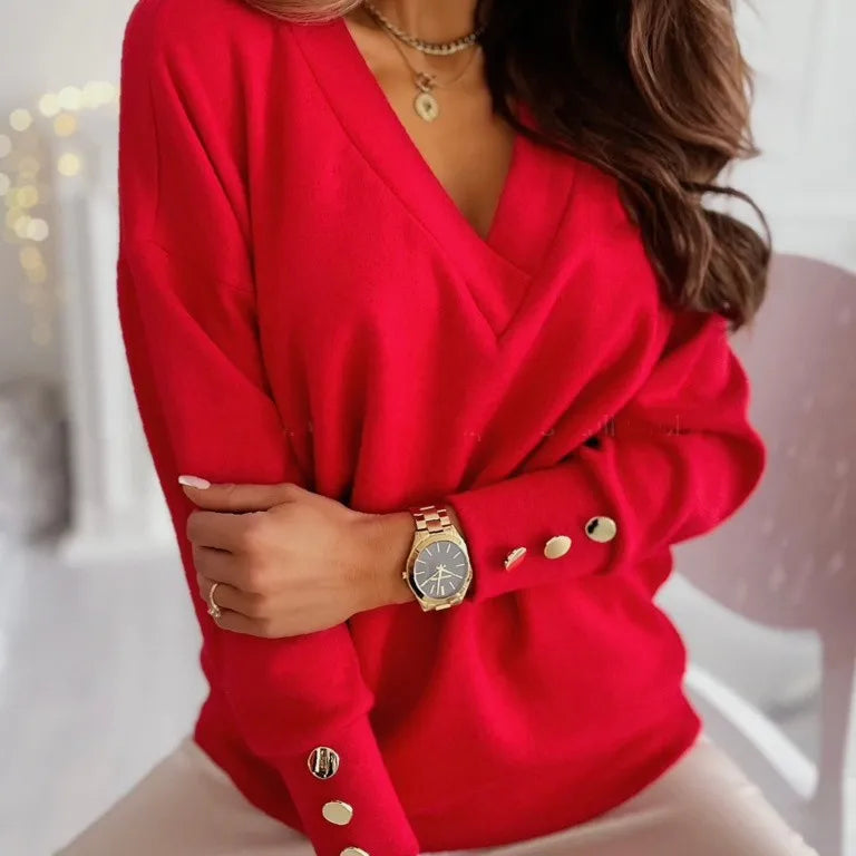 Women's Elegant Button V-neck Sweater | Relaxed