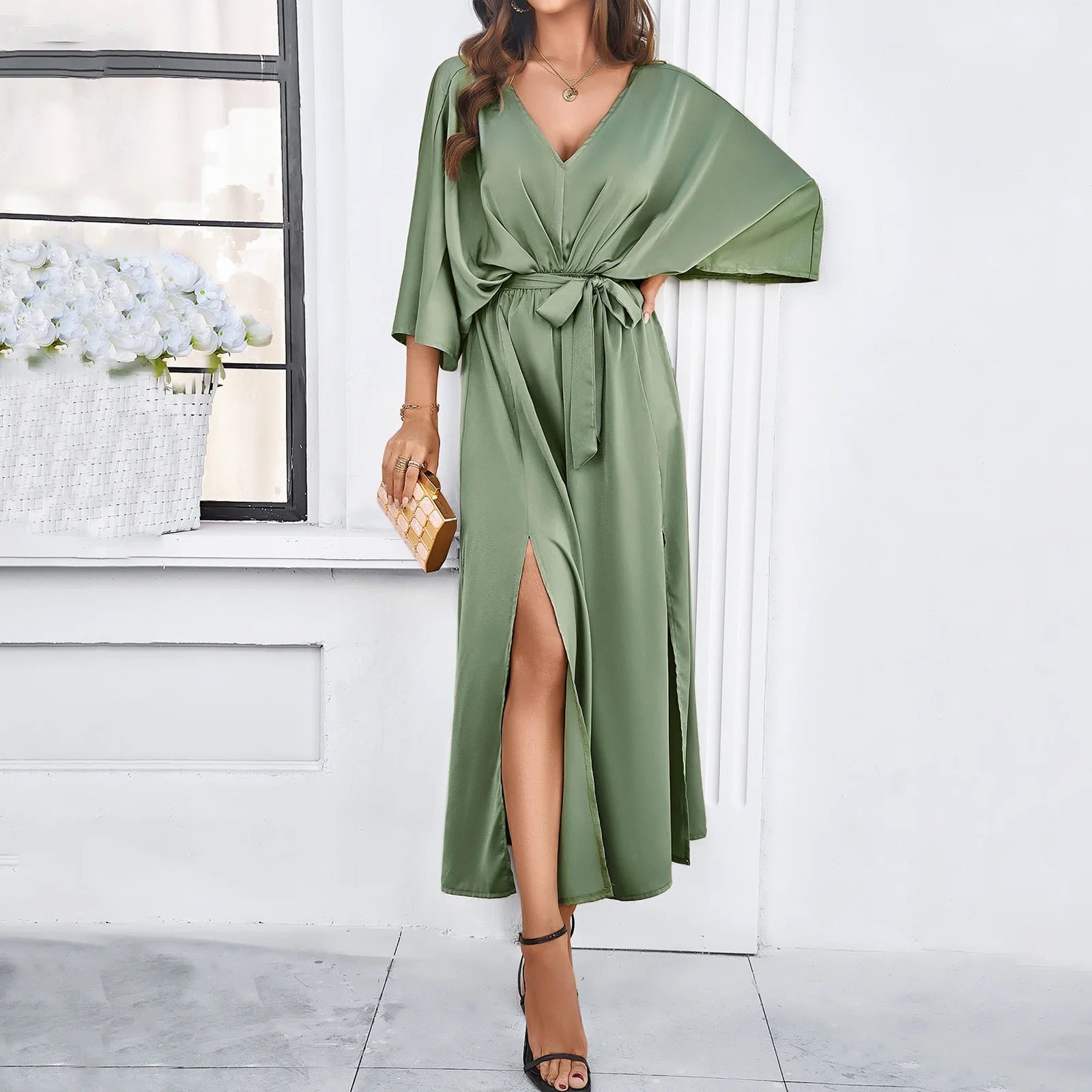 Women's V-neck Dress With Slit | Long