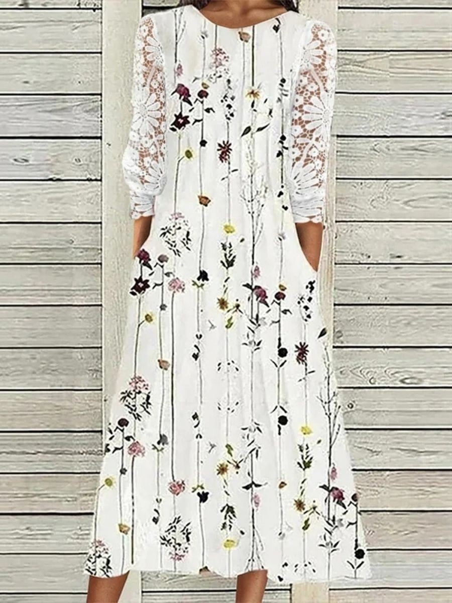 Women's White Round Neck Floral Midi Dress | Charming