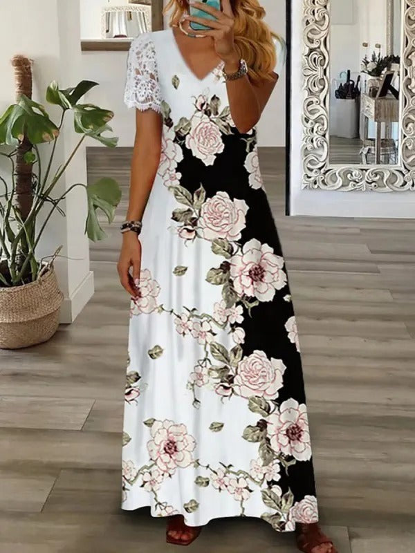 Women's Short Sleeves Lace Paneled V-neck Floral Print Maxi Dress | Feminine