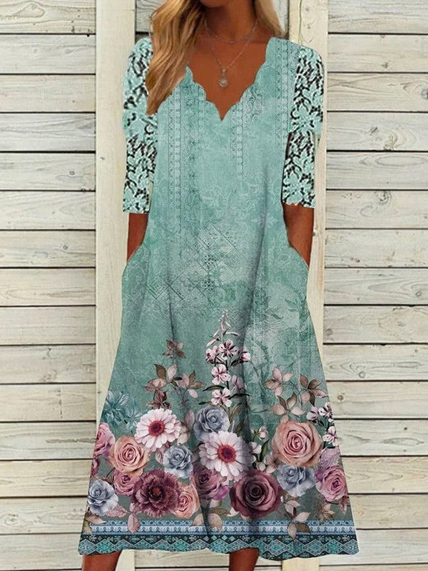 Women's Green Long Floral V-neck Midi Dress | Breezy