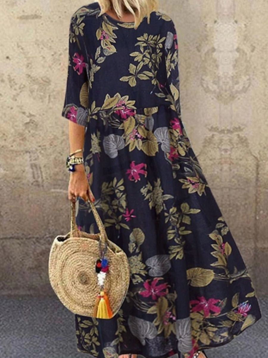 Women's Navy Blue Casual Round Neck Floral Printed Half Sleeve Maxi Dress | Comfy