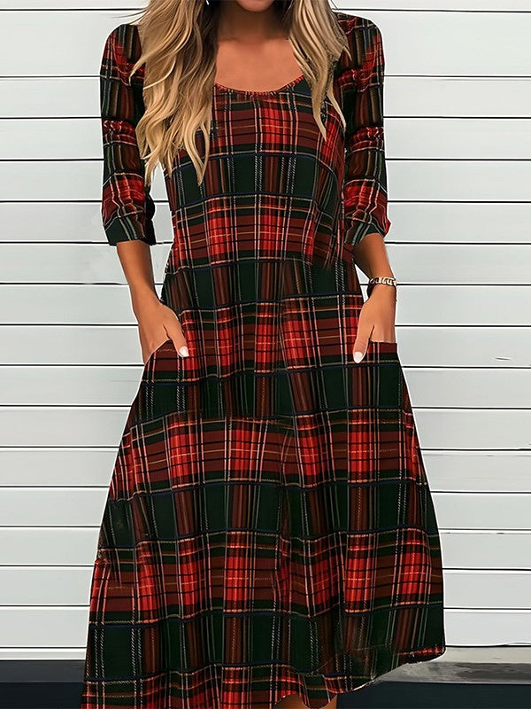 Women's Red Plaid Midi Dress | Casual