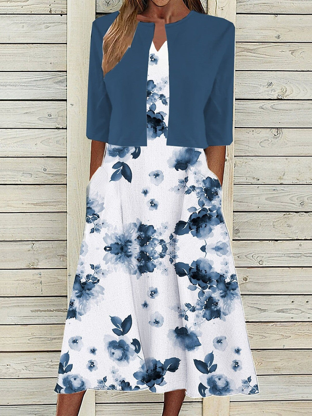 Women's Blue Floral Two-piece Midi Dress | Set