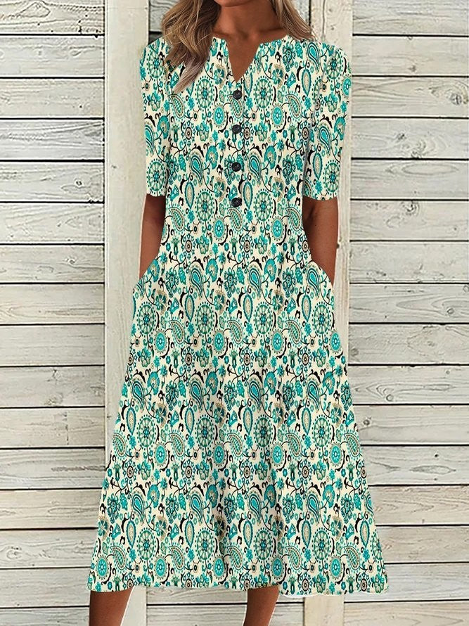 Women's Floral Cyan Blue V-neck Dress | Casual