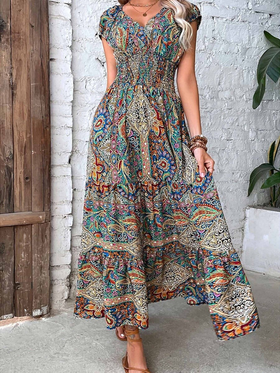 Women's V-neck Short Sleeve Floral Maxi Dress | Elegant & Flowy