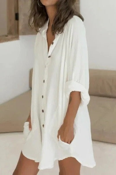 Women's Solid White Color Button-front Shirt Dress | Summer