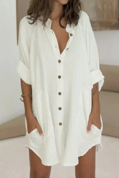 Women's Solid White Color Button-front Shirt Dress | Summer