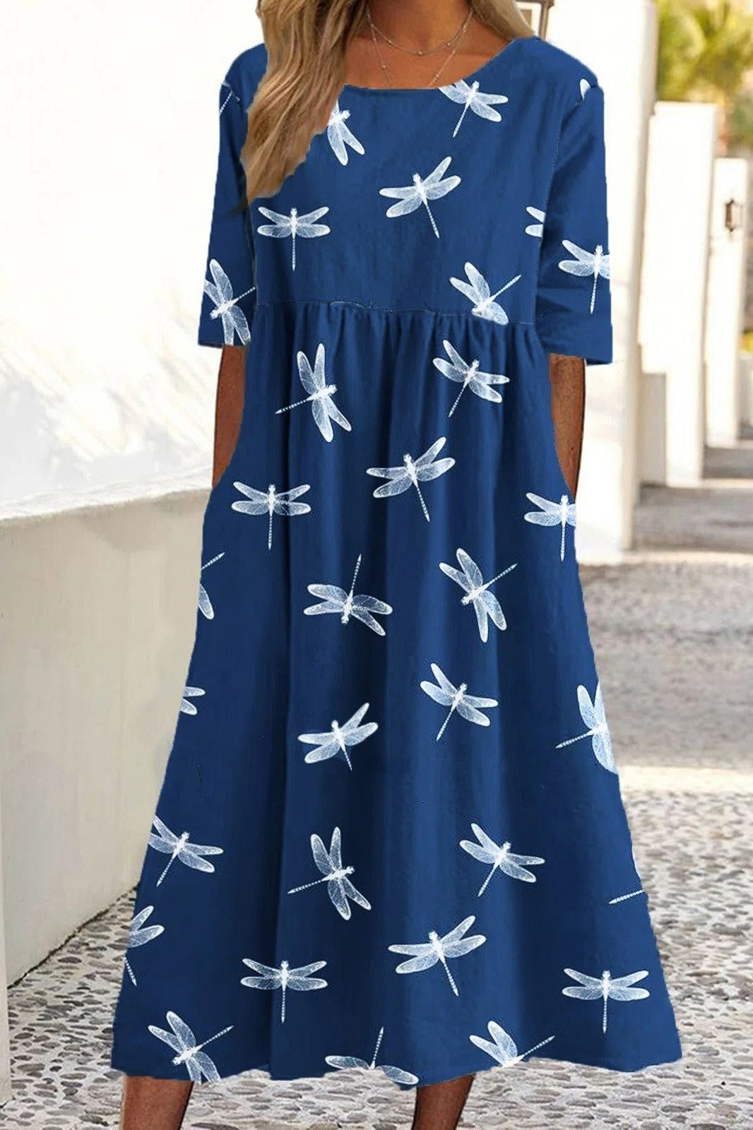 Women's Dragonfly Blue Print Midi Dress | Casual