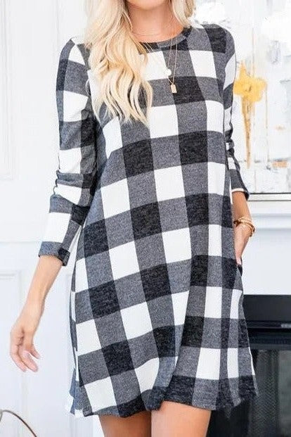 Women's Plaid Striped Crew Neck Short Dress | Fall/winter Casual