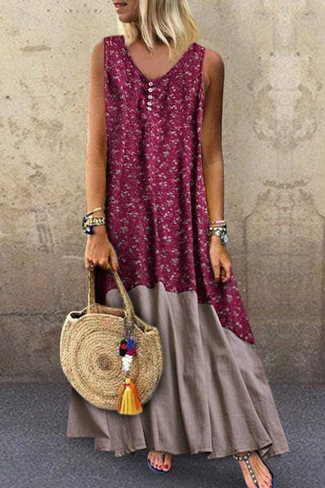 Women's Red Floral Print Patchwork Maxi Dress | Fall