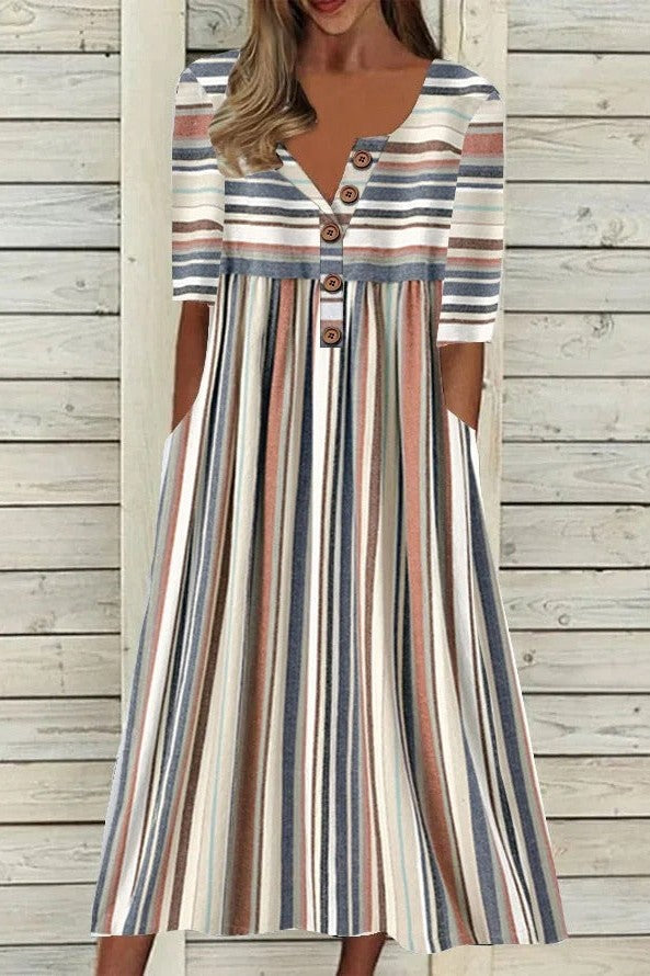 Women's Scoop Neck Button Stripe Print Midi Dress | Long