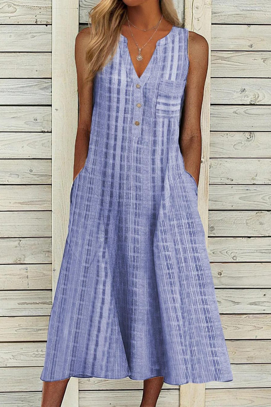 Women's Plaid Print V-neck Buttons Casual Sleeveless Midi Dress | Stylish