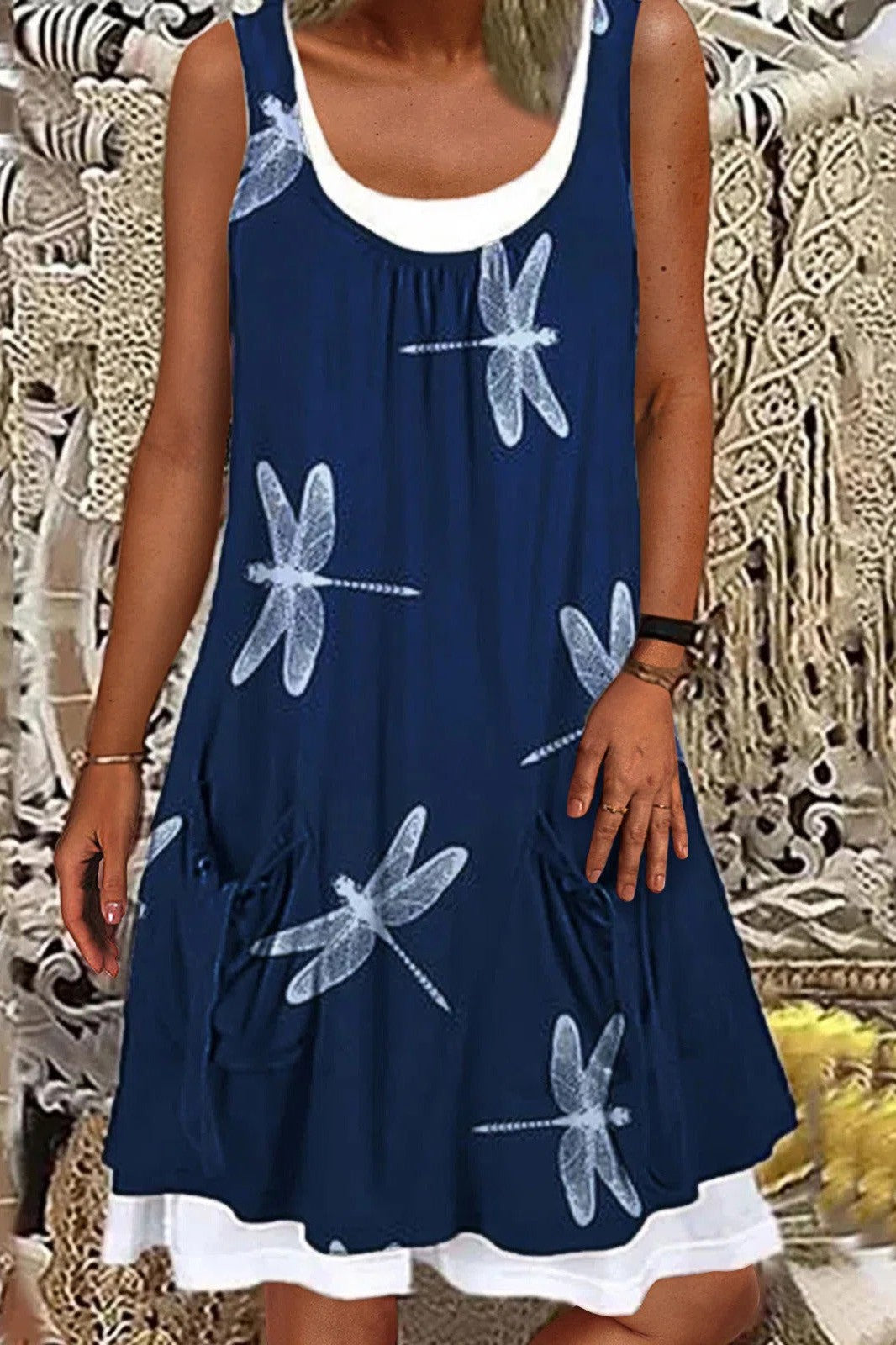 Women's Dragonfly Scoop Neck Print Dress | Short