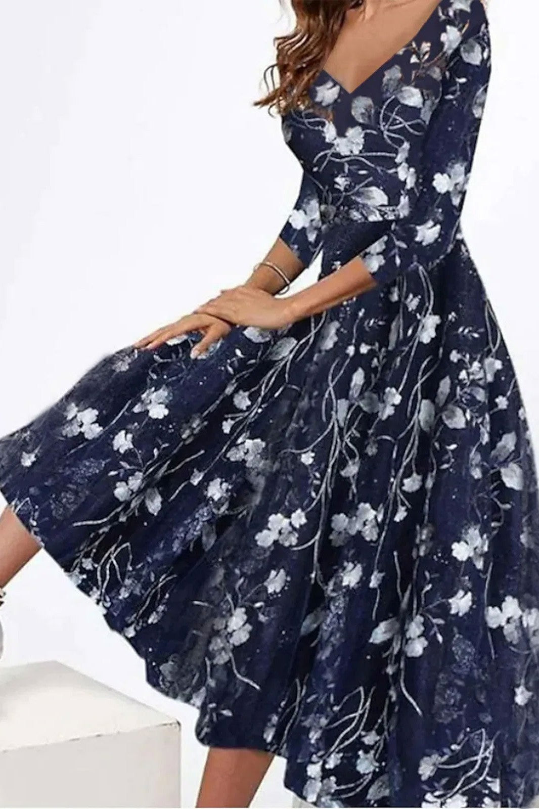 Women's Dark Blue Floral Print Midi Dress | Winter Casual