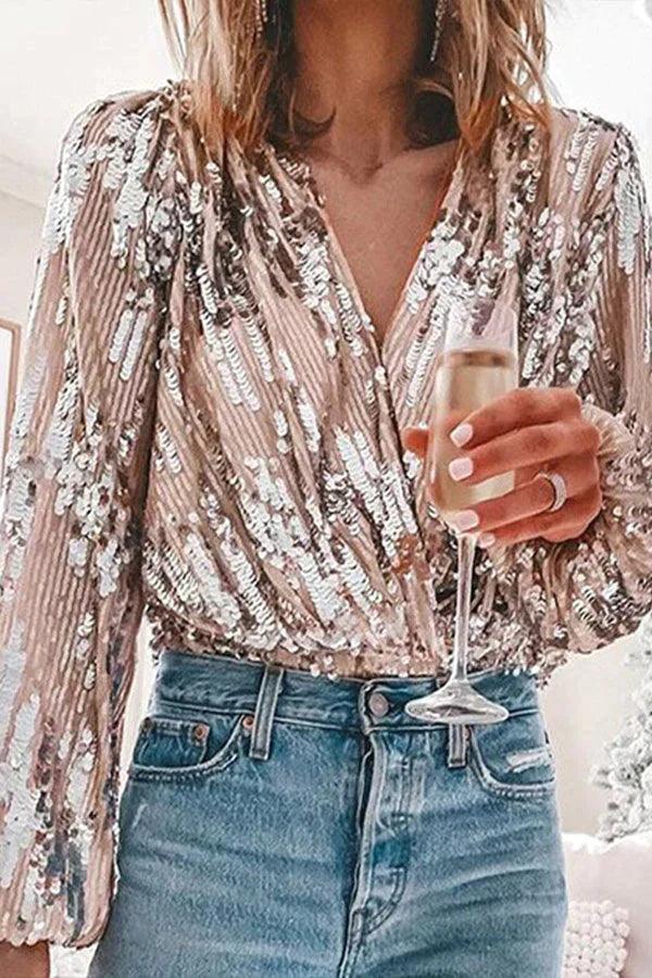 Women's Sequins V-neck Glitter Top | Long Sleeve