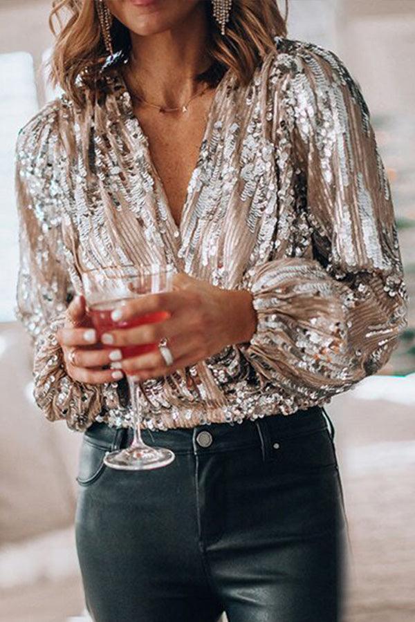 Women's Sequins V-neck Glitter Top | Long Sleeve