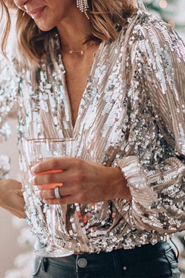 Women's Sequins V-neck Glitter Top | Long Sleeve