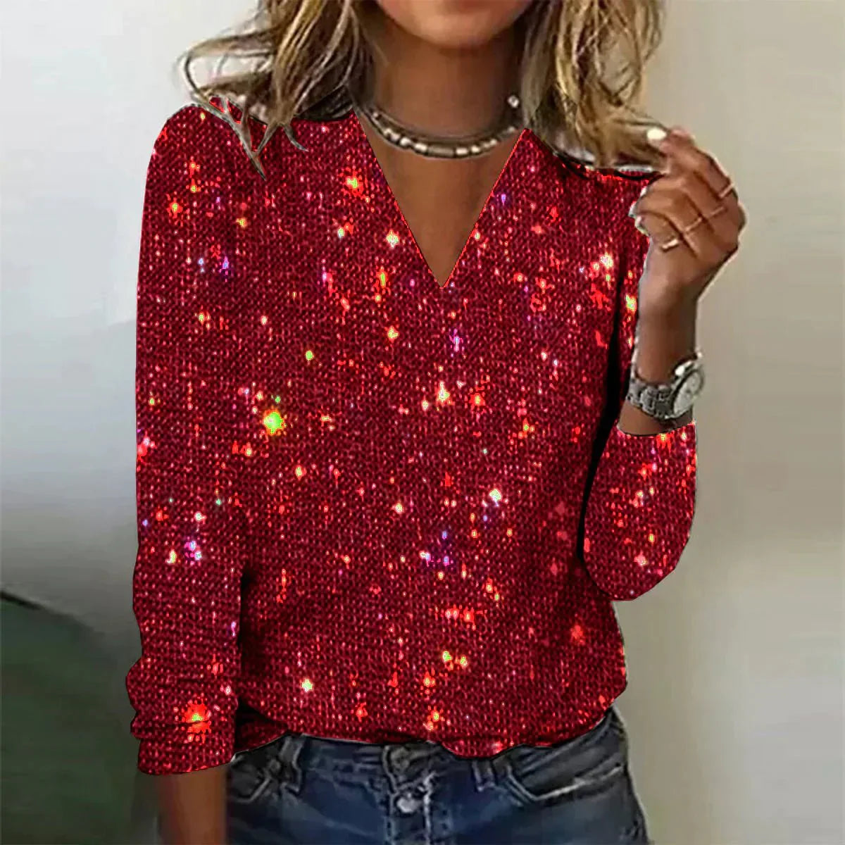 Women's Glitter V-neck Party Top | Long Sleeve